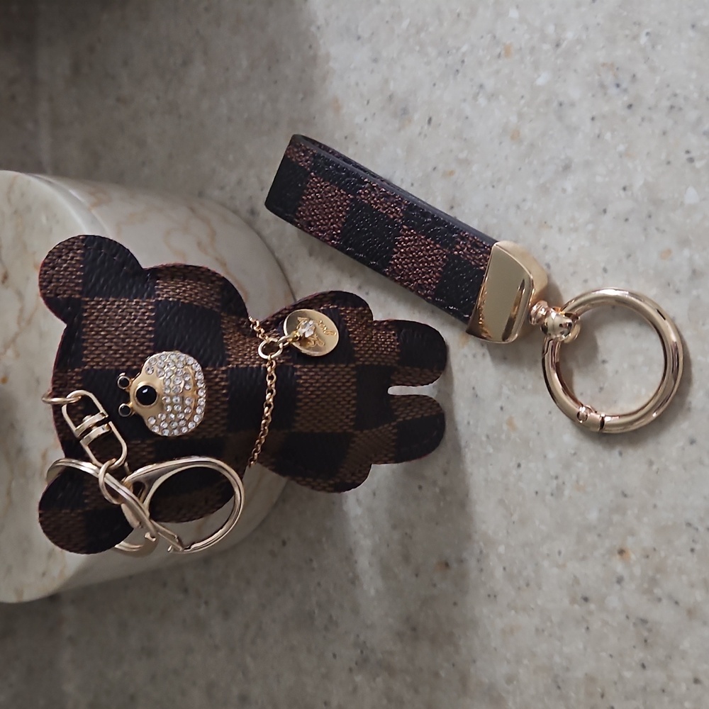 Chic Checkered Bear Keychain Set with Gold Details